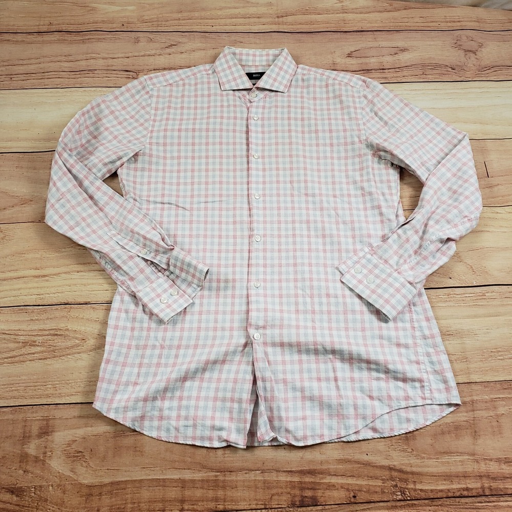 Hugo Boss Shirt Mens Large 16 White Red Long Sleeve Button Up‎ Casual Adult